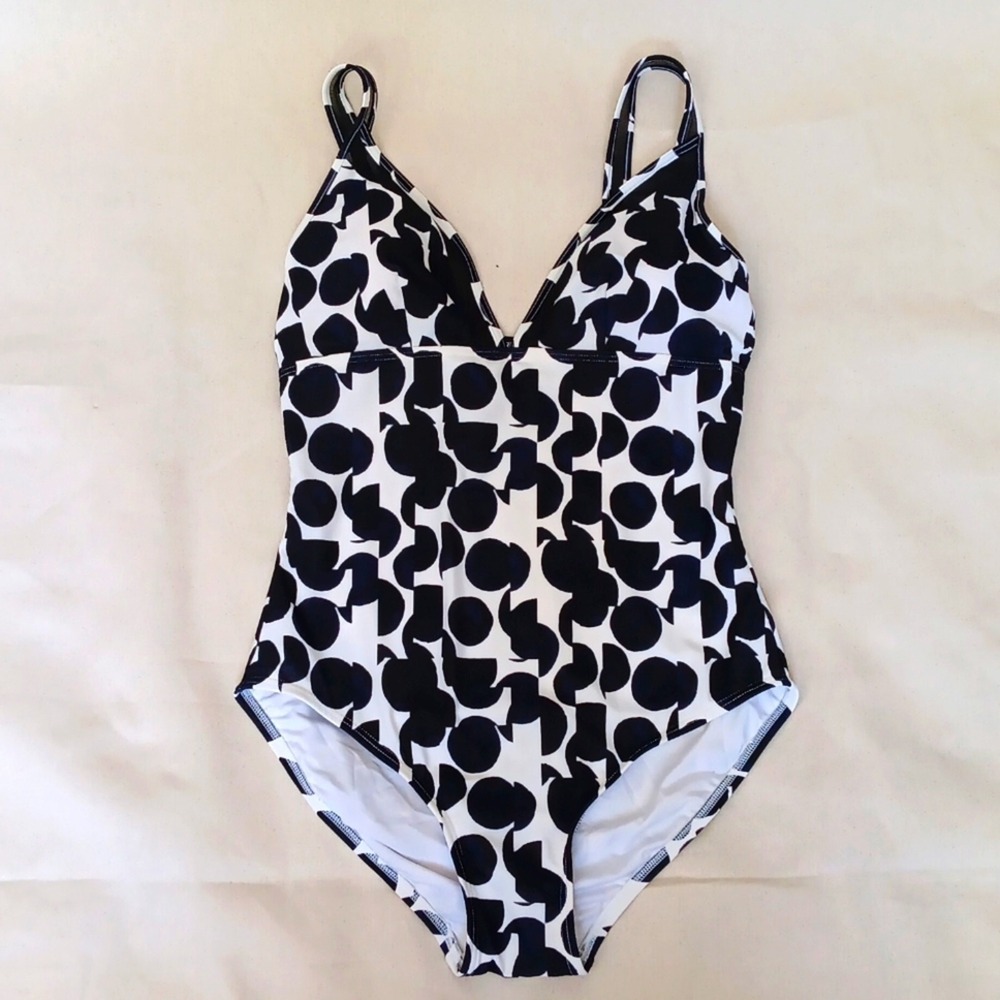 DKNY One Piece Swimsuit Women 12 Black New Geometric Dot Blue Accent